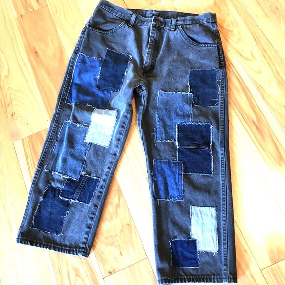 Upcycled Patchwork Long Jean Shorts: Denim Patched Hippie Pants, Waist Size 35 - Picture 3 of 9